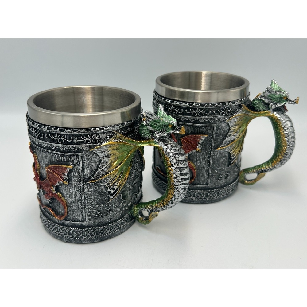 Medieval Dragon Coffee Mug Mythical Metal Stein Green Renaissance Unique Set- 2